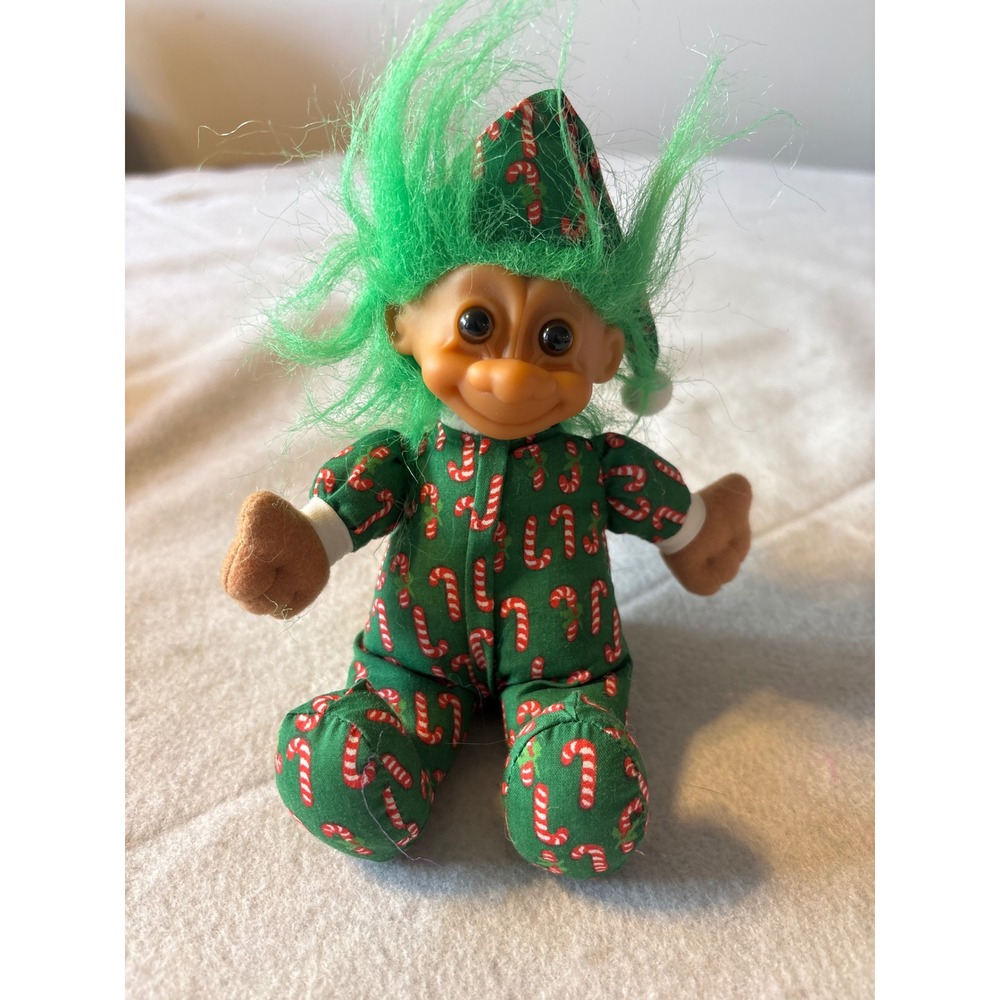 Russ Troll Doll Green Candy Cane Pajamas Christmas Fuzzy Hair‎ Collectible